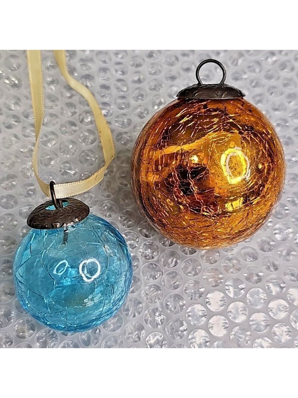 Crackle Glass Pair Christmas Ornaments 2pcs Blue And Gold